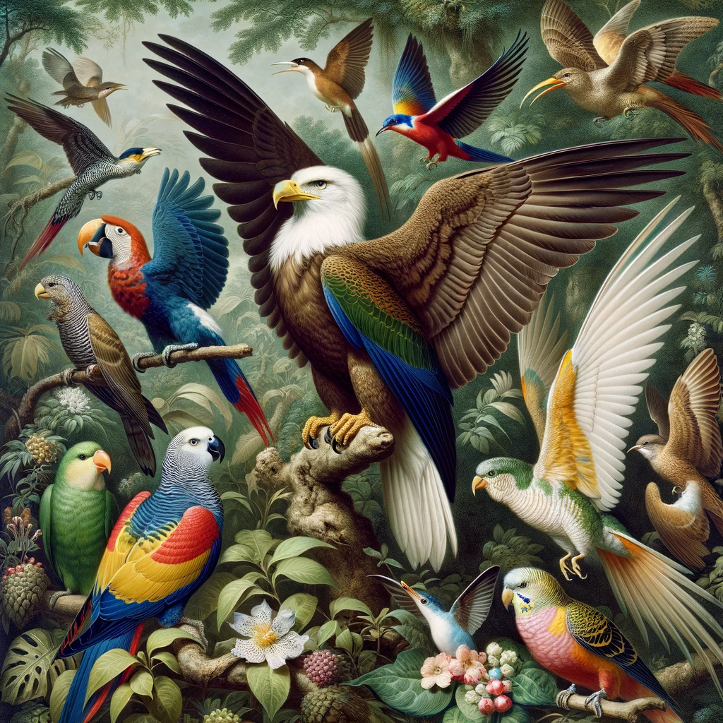 L'image présente une peinture détaillée et réaliste de divers oiseaux américains, inspirée par "Birds of America" de John James Audubon. Elle met en scène des espèces variées, telles qu'un aigle majestueux, un perroquet coloré, et un colibri délicat, tous représentés dans leurs habitats naturels au sein d'une forêt luxuriante et vibrante. L'illustration capture la complexité et l'échelle grandeur nature caractéristiques du travail d'Audubon, offrant une fenêtre sur la richesse et la diversité de la faune aviaire américaine.