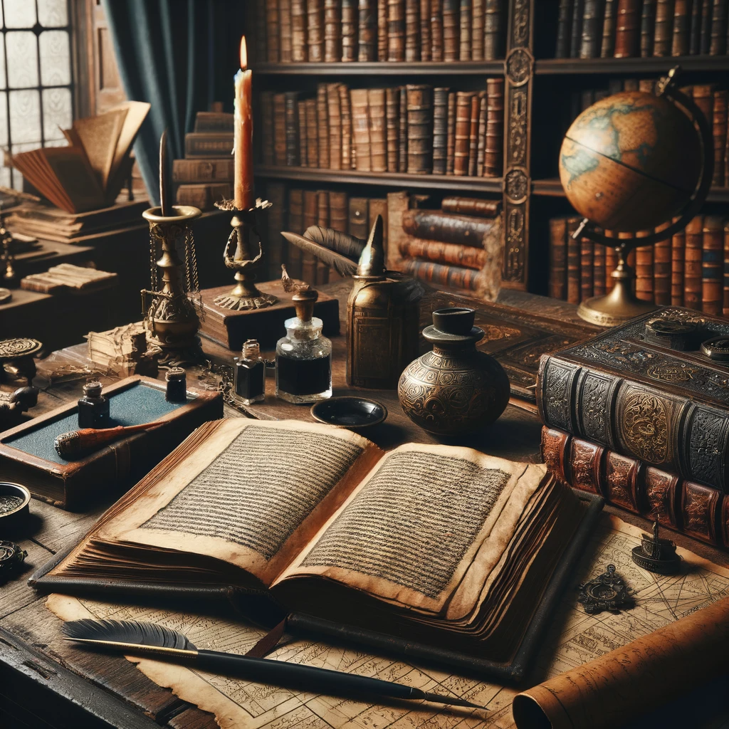 Une scène de chambre d'étude vintage, capturant l'essence de la lecture de la littérature ancienne. L'image montre un bureau en bois sur lequel repose un livre ancien ouvert, entouré d'artefacts antiques, de vieilles cartes, d'une plume et d'un encrier. L'ambiance est tamisée, évoquant une connexion profonde avec l'histoire et la nostalgie. Des étagères remplies de livres anciens complètent l'arrière-plan, soulignant le lien entre le passé et le présent à travers les livres.