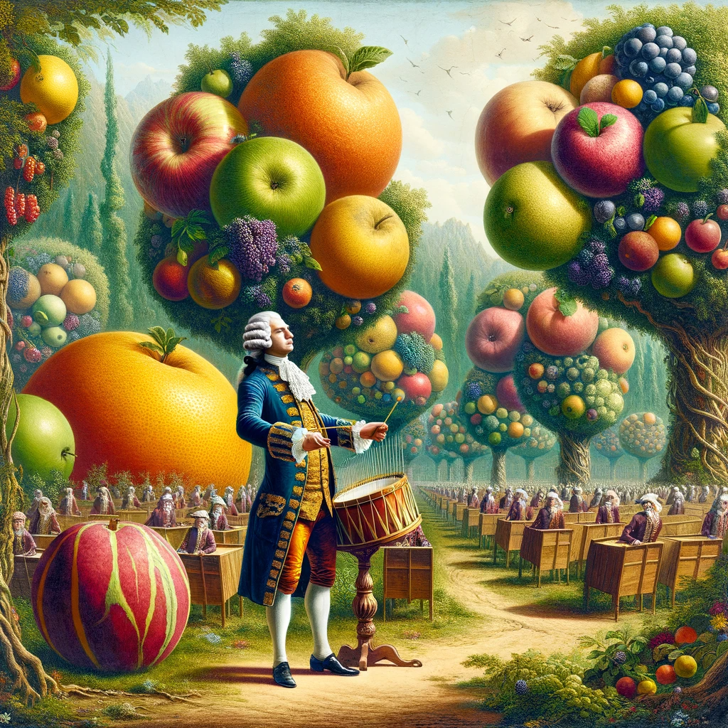 L'image est une interprétation artistique et fantaisiste du "Traité des Arbres Fruitiers" de Henri Louis Duhamel du Monceau. Elle dépeint une scène fantastique avec des fruits surdimensionnés et vibrants, et des illustrations détaillées d'arbres, tout droit sorties du livre de Duhamel. Avec un ton ludique et exagéré, Duhamel lui-même, vêtu de vêtements d'époque, interagit avec les fruits géants comme s'il dirigeait un orchestre d'arbres. L'arrière-plan est un verger luxuriant et surréaliste, incarnant l'essence des illustrations botaniques détaillées du livre et son impact sur le monde de la culture des arbres fruitiers.