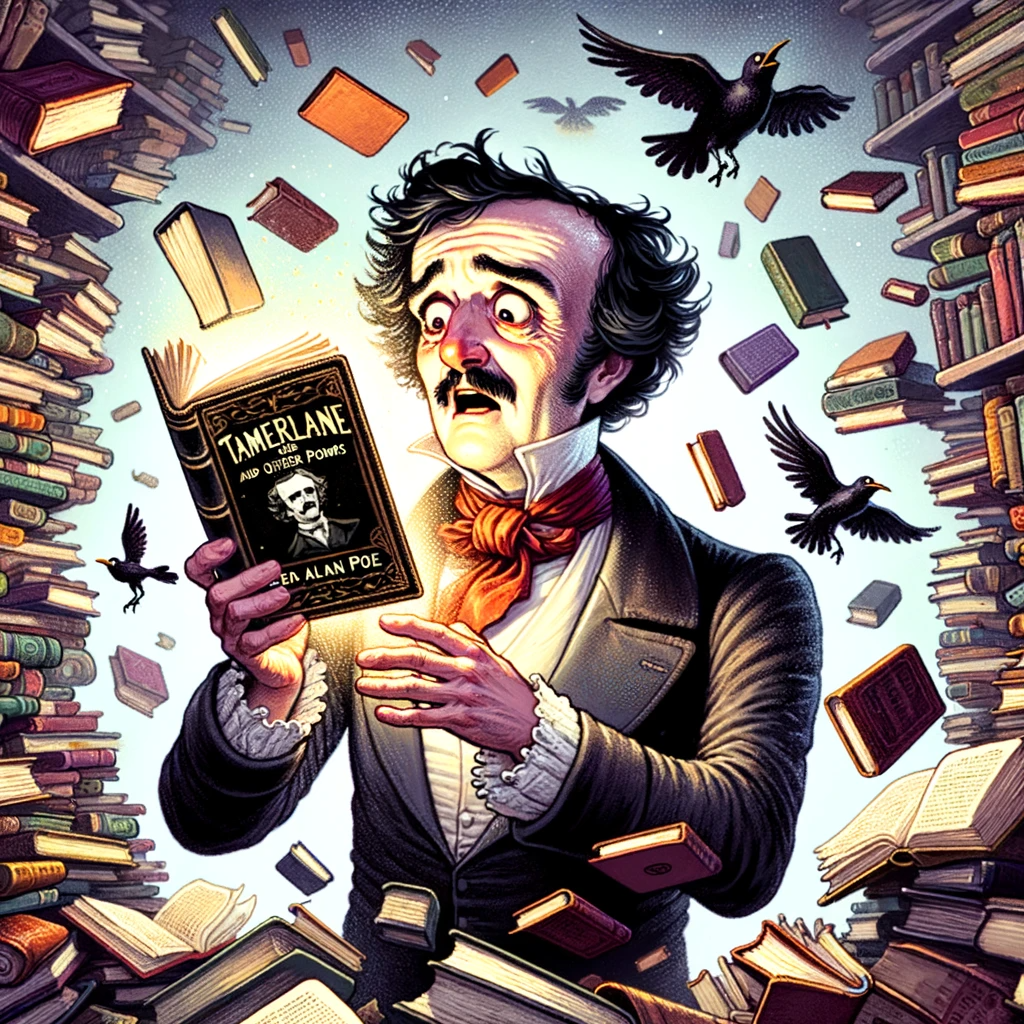 L'illustration représente Edgar Allan Poe dans une bibliothèque fantasque et légèrement chaotique, entouré d'une mer de livres, tenant dans sa main une copie brillante de 'Tamerlane and Other Poems'. Poe est vêtu de son attirail iconique du 19ème siècle, affichant une expression de surprise et de joie, comme s'il venait de découvrir ce joyau rare. La bibliothèque déborde de livres, certains volant autour, capturant la rareté et l'excitation de trouver cette première publication insaisissable.