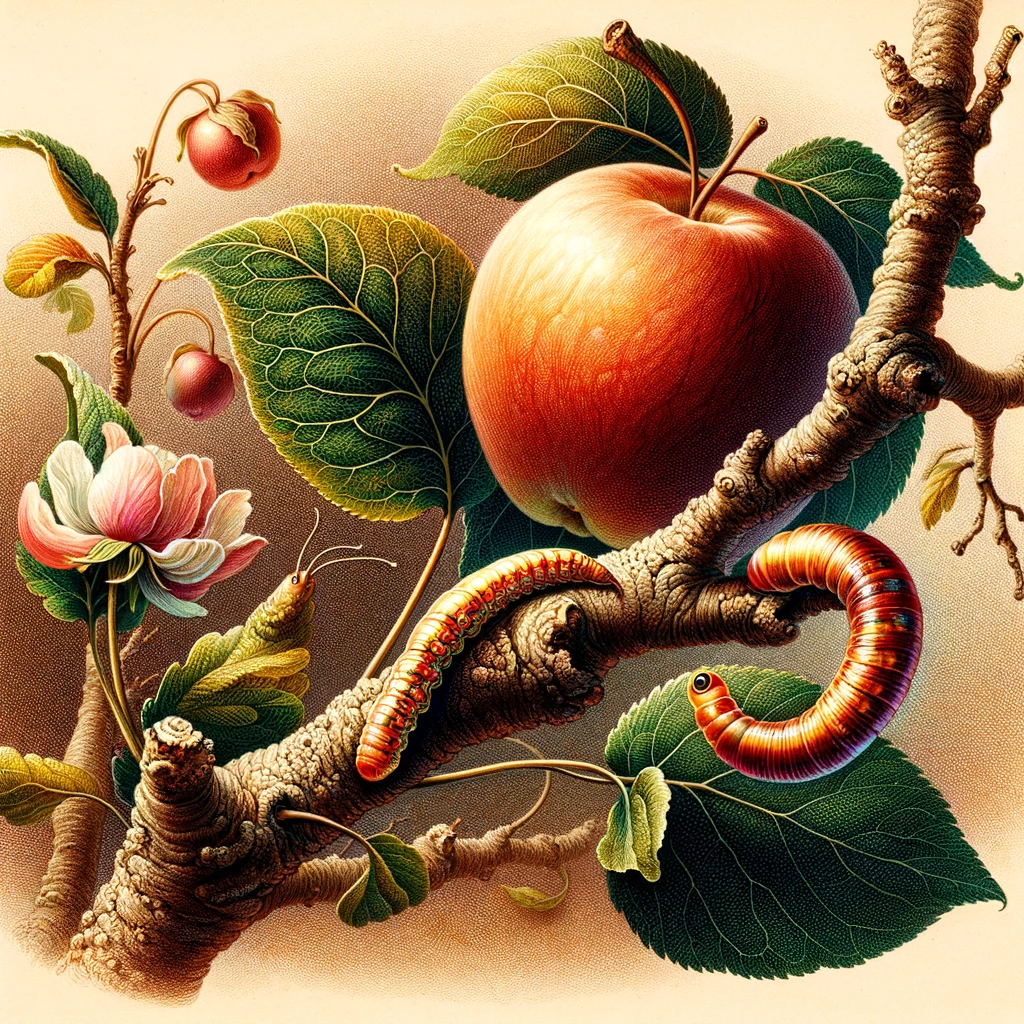 Cette illustration poétique capture l'essence des illustrations vibrantes et détaillées du "Traité des Arbres Fruitiers". Elle présente une vue rapprochée d'une branche avec des feuilles et des fruits, comme une pomme ou une poire, détaillés de manière réaliste. La scène est captivante, incluant des éléments minuscules comme un ver de terre snob s'arrêtant pour admirer la beauté des fruits et des feuilles, reflétant le soin méticuleux et l'art qui caractérisaient les illustrations originales du livre.