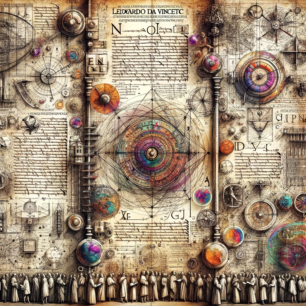 L'image est une interprétation artistique du Codex Leicester de Leonardo da Vinci, mettant en avant diverses illustrations et notes scientifiques dans le style unique de da Vinci. Elle capture l'essence du génie de da Vinci avec des représentations d'astronomie, de géologie, et d'hydrodynamique. La composition globale est un collage vibrant de croquis, diagrammes, et écritures en miroir, incarnant l'esprit créatif et intellectuel de l'un des plus grands esprits de la Renaissance.