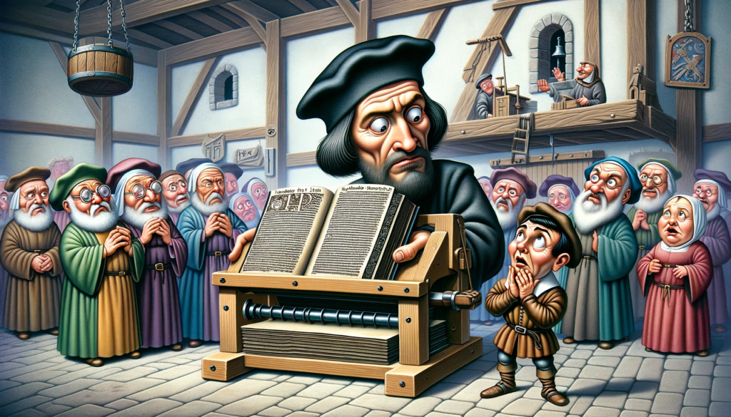 L'image représente une scène humoristique et stylisée de la presse à imprimer de Gutenberg, avec une version miniature de la Bible à 36 lignes à côté de la plus grande Bible à 42 lignes. Gutenberg lui-même est présent, semblant perplexe devant la taille réduite du livre, tandis que des personnages de l'époque réagissent avec amusement ou surprise. L'arrière-plan montre une imprimerie du XVe siècle, avec des détails historiques.